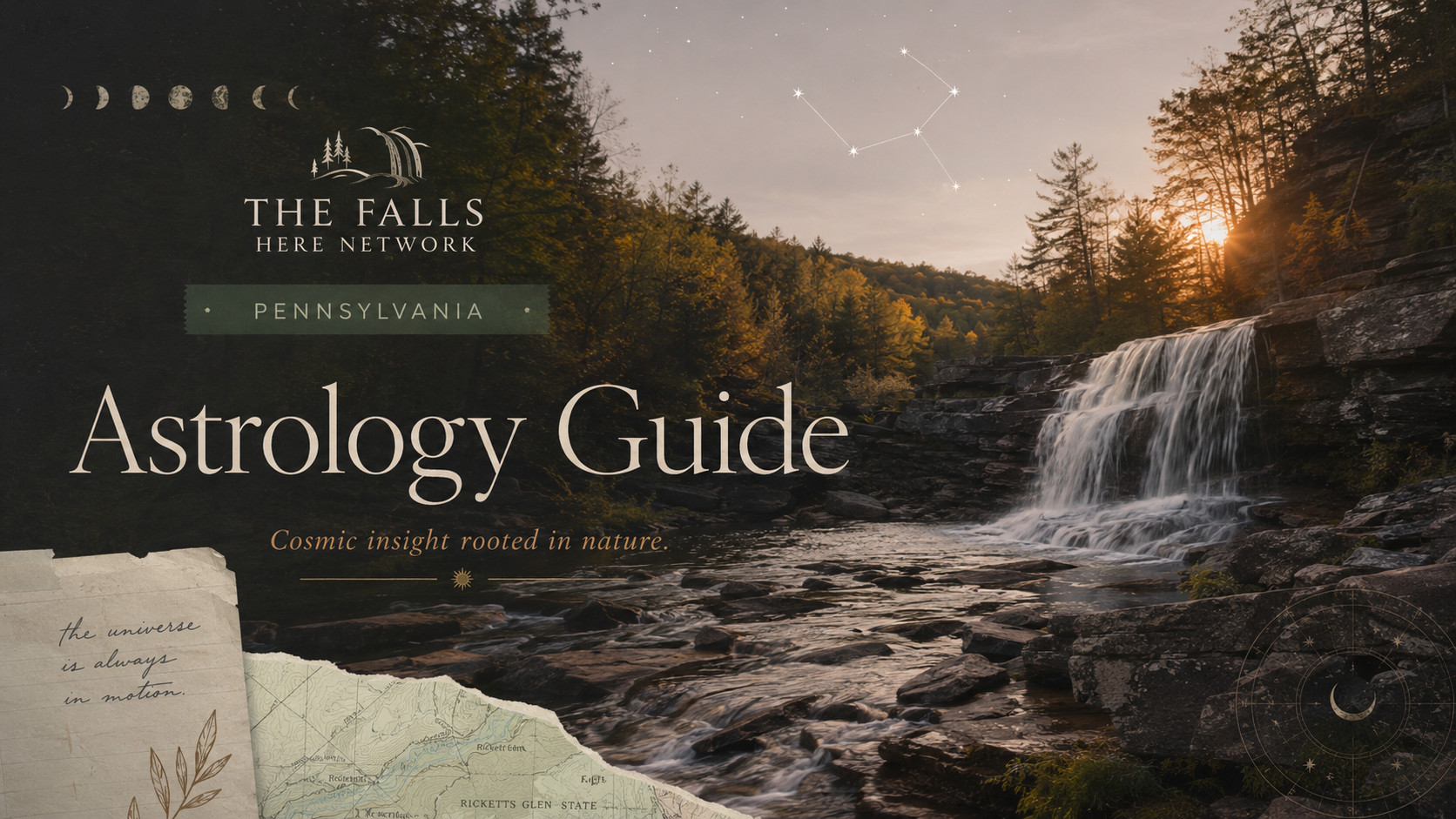 Pennsylvania Falls Here astrology guide featured image with waterfall landscape and night sky details.