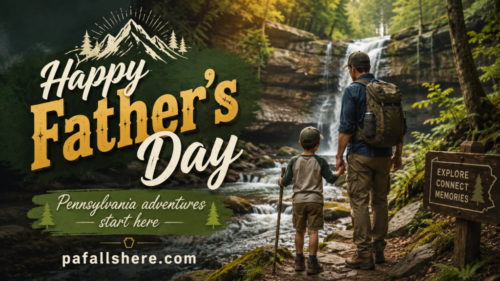 Happy Father's Day Pennsylvania Falls Here graphic with a father and child walking along a waterfall trail.