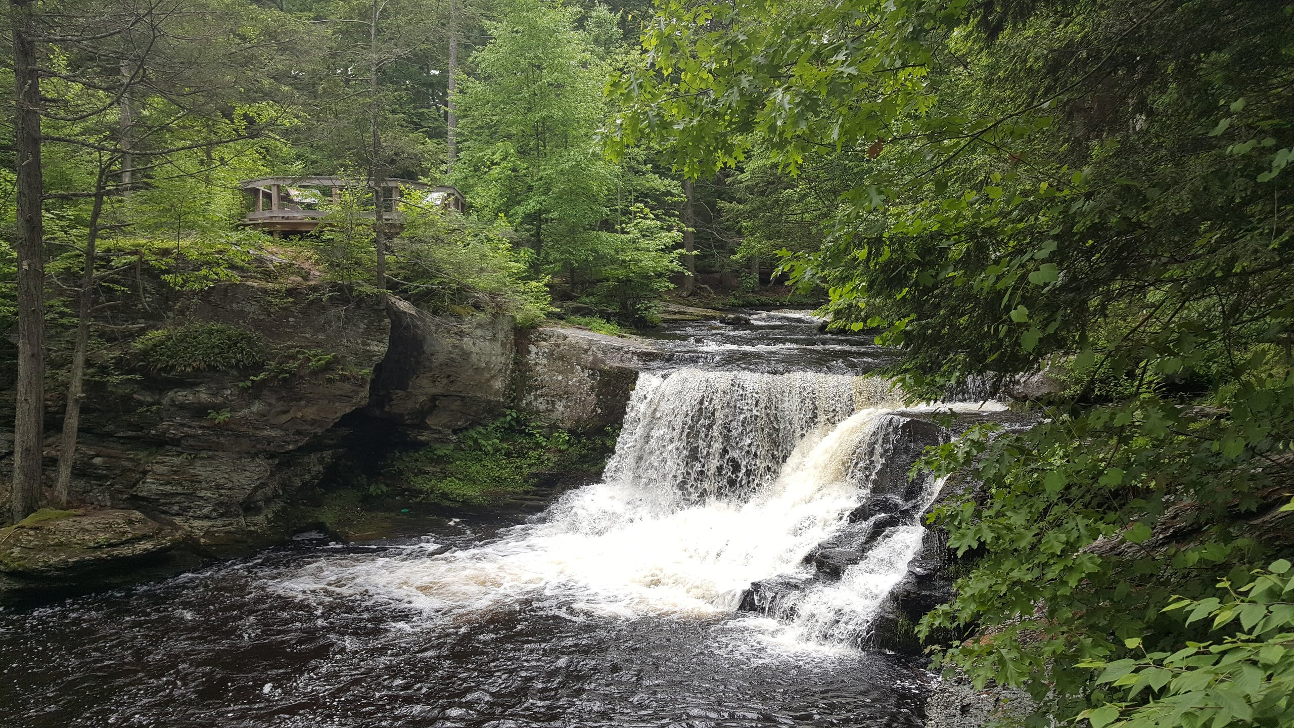 Water pours over a broad rock ledge below a wooden viewing platform, framed by dense green trees.