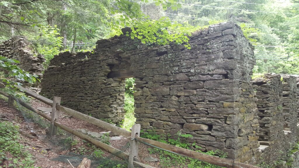 Roofless stone building ruins behind a wooden fence in a green forest.