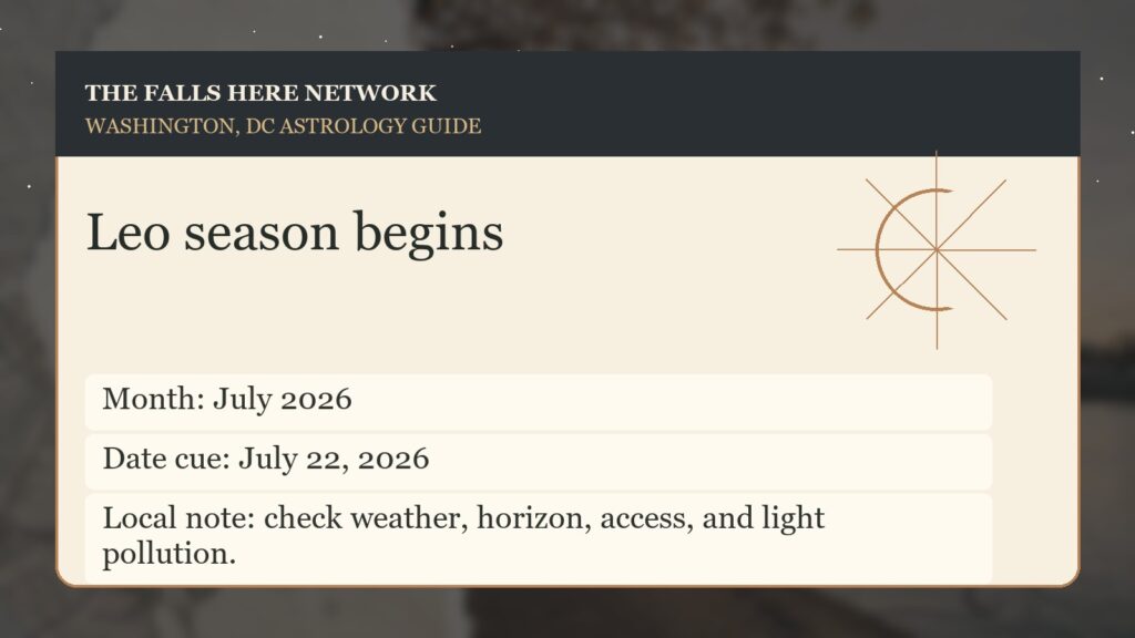 Original Falls Here sky detail card for Leo season begins in Washington, DC.