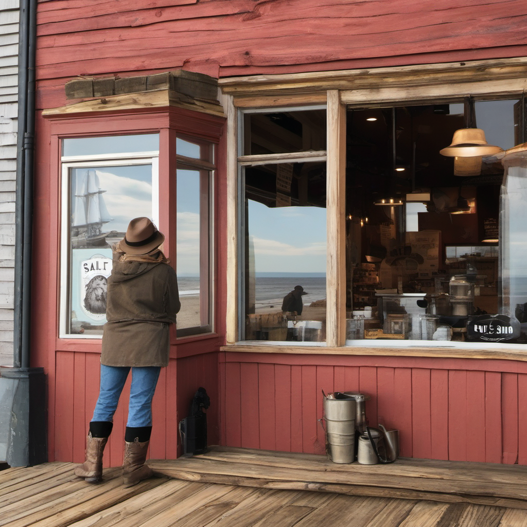 Coastal storefront with ocean reflection and local shop atmosphere