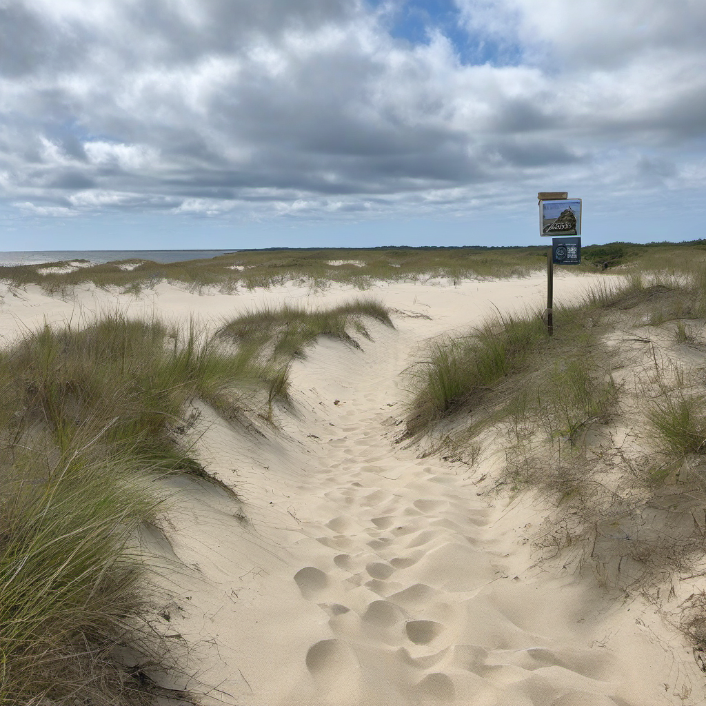 Sandy dune path with beach grass leading toward the shoreline
