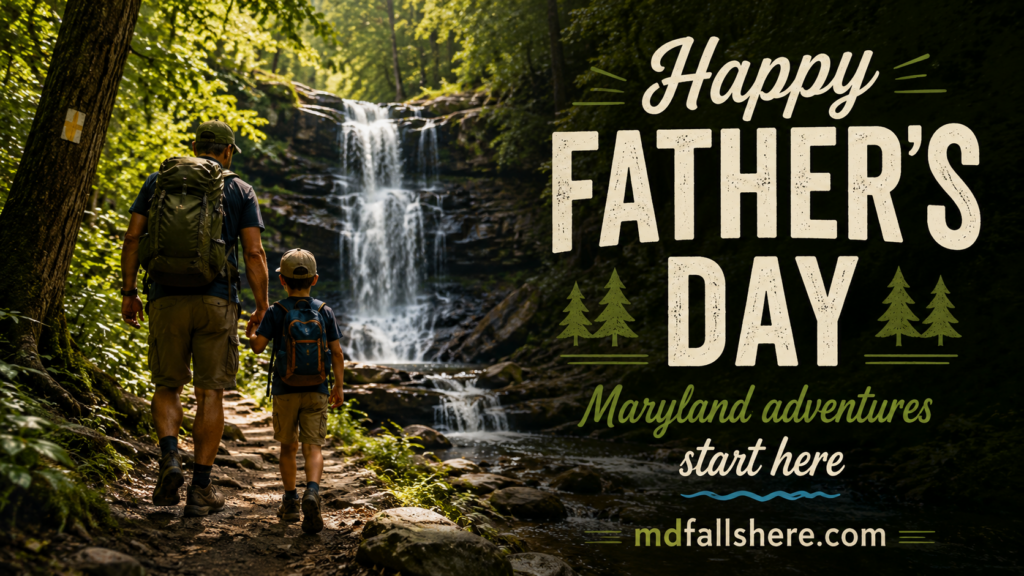 Happy Father's Day Maryland Falls Here graphic with a father and child walking toward a waterfall.