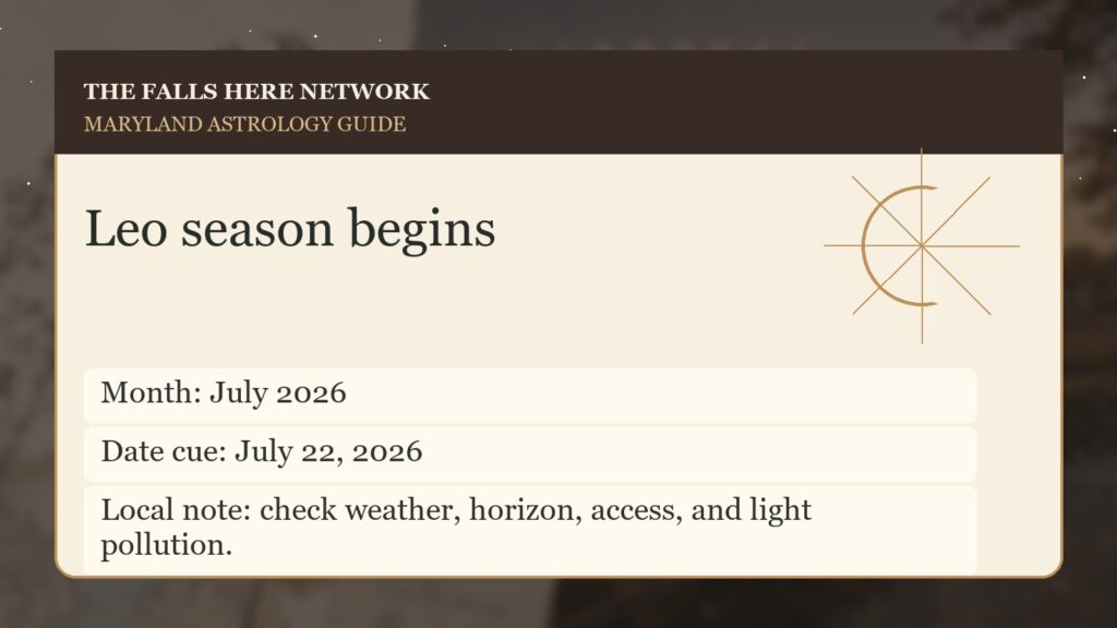 Original Falls Here sky detail card for Leo season begins in Maryland.