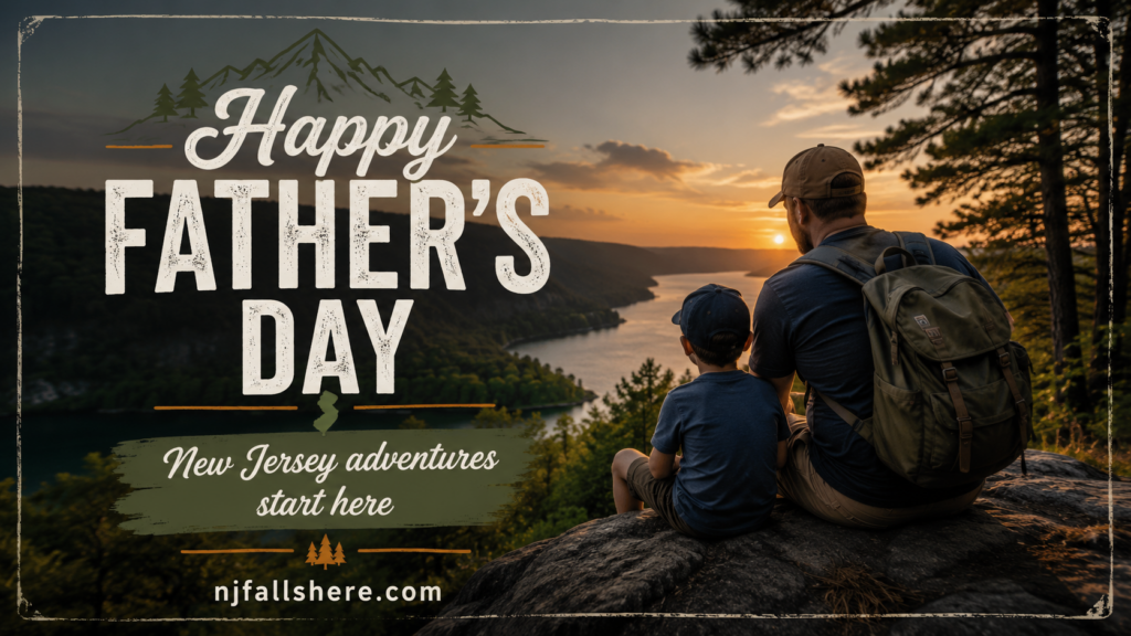 Happy Father's Day New Jersey Falls Here graphic with a father and child overlooking a river valley.