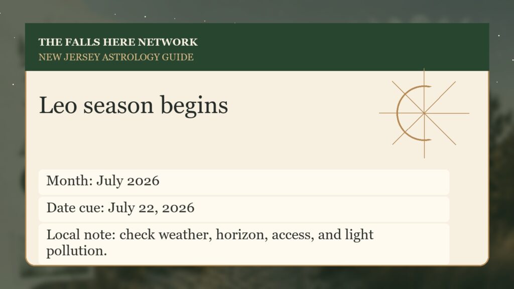 Original Falls Here sky detail card for Leo season begins in New Jersey.