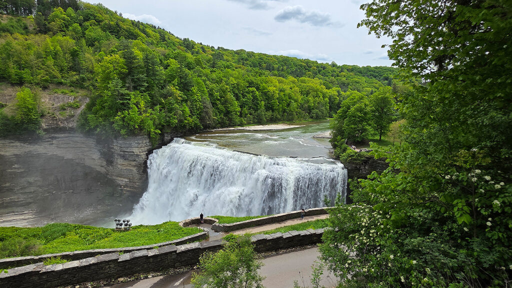 Large waterfall and gorge overlook at Letchworth State Park in New York.