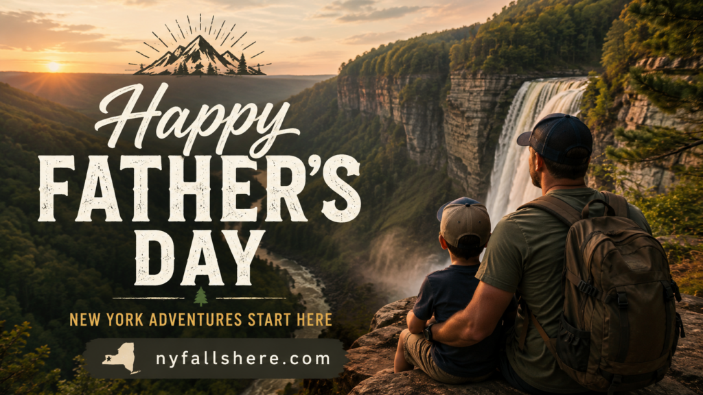 Happy Father's Day New York Falls Here graphic with a father and child near a large waterfall gorge.