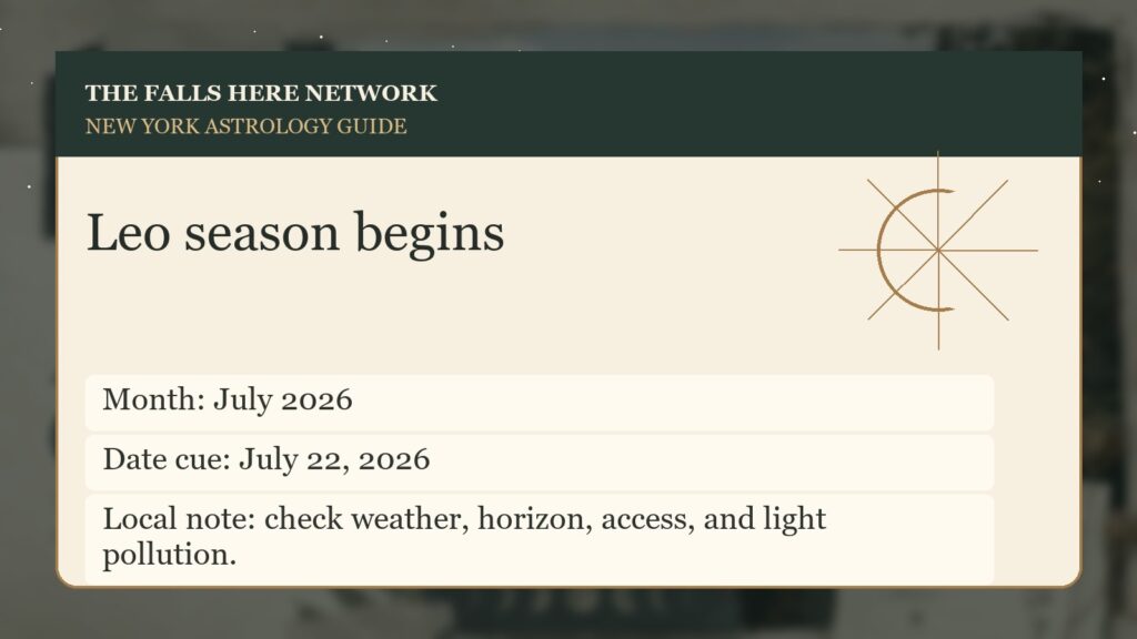 Original Falls Here sky detail card for Leo season begins in New York.