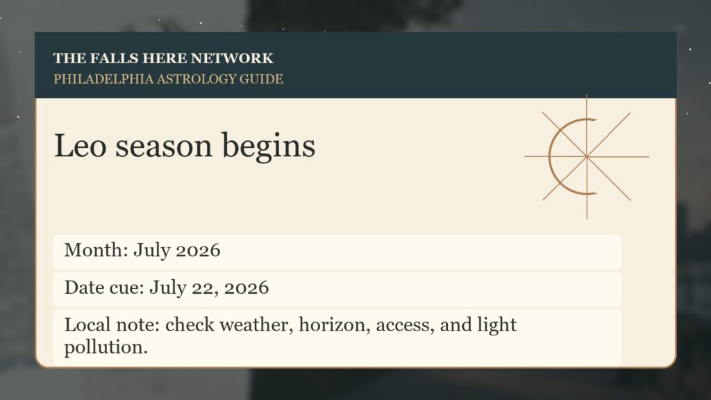 Original Falls Here sky detail card for Leo season begins in Philadelphia.