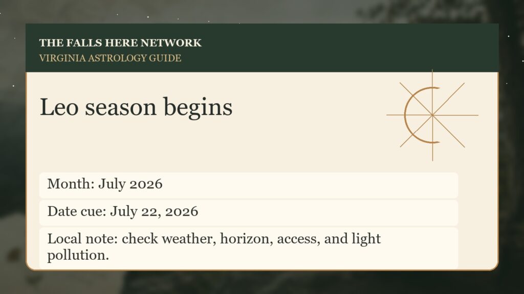 Original Falls Here sky detail card for Leo season begins in Virginia.